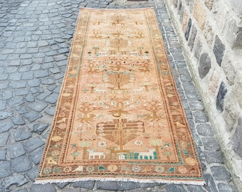 Vintage Turkish Runner Rug - Handmade Wool, Distressed Green
