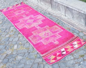 Bohemian Wool Runner Rug, Turkish Handmade, Pink & Blue (9.3 x 2.7 ft) Moroccan Runner Rug