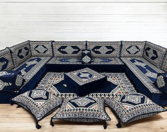 Arabic Majlis Floor Sofa : U-Shape Seating Cushion Set , 8 inches thick floor sofa , Moroccan Sofa , 19 Parts Sectional Sofa