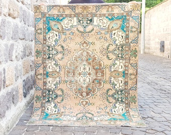 Turkish Rug Handmade Wool  Rug: Vintage Turkish Style, 5.7 x 4.3 ft
