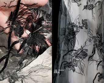 Schwarze Rose Blume bestickte Spitze Stoff floral durchsichtiger weicher Tüll Stoff für Puppenkleid Tutu Kleid Mädchen Kleid Vorhang 1m