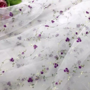 Exquiste purple floral organza lace fabric rose flower embroidery white tulle fabric for girl dress,summer dress,doll dress,backdrop decor