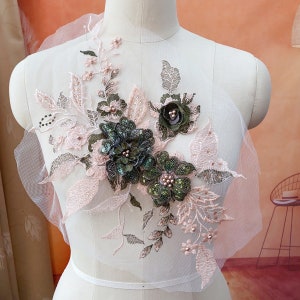 10 colors exquiste pearl beaded 3d flower embroidery lace applique floral rhinestone mesh applique wedding applique veil applique
