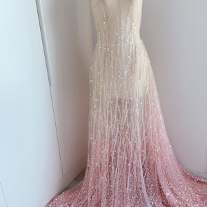 Peut inclure: Un mannequin de couture drapé d'un tissu transparent. Le tissu passe d'un beige clair en haut à un effet ombré rose en bas. Des paillettes argentées sont dispersées sur le tissu, créant un effet scintillant.