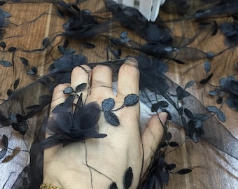 7 Color black 3d flower leaf embroidery lace fabric floral soft tulle mesh fabric for baby tutu dress banquet dress bridal wedding dress