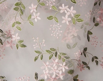 6 color exquiste pink floral embroidered lace fabric flower green leaf soft tulle fabric for girl dress,summer dress,doll dress,backdrop