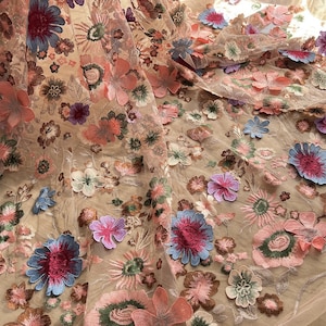 colorful 3d flower embroidered lace fabric floral soft mesh tulle fabric for baby tutu dress banquet dress bridal wedding dress 51&quot; wide