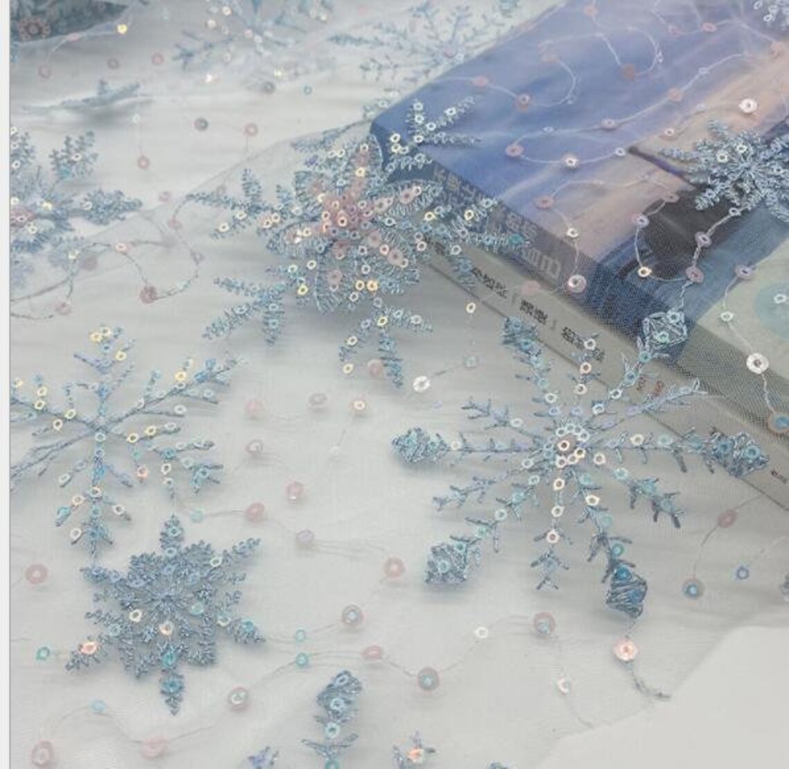 Exquiste Sequin Snowflake Lace Fabric Sky Blue Embroidery Mesh Tulle