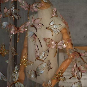 Lovely dragonfly lace fabric sequins dragonfly fabric orange/gray tulle lace fabric for girl dress, gowns, bridal veil,curtain