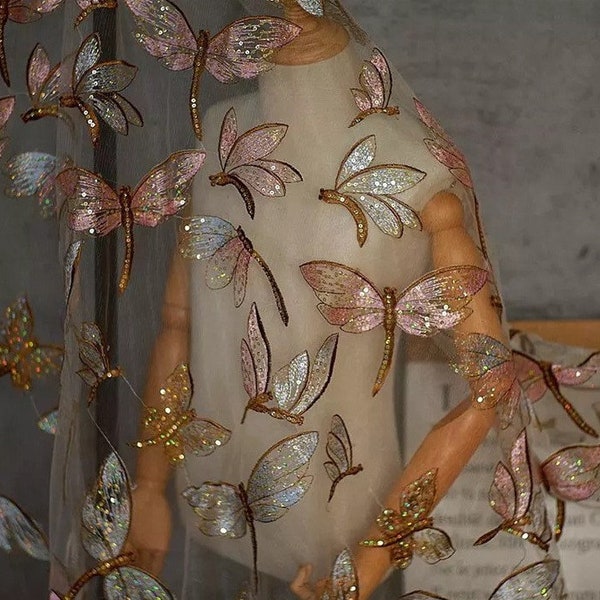 Preciosa tela de encaje de libélula, tela de libélula con lentejuelas, tela de encaje de tul naranja/gris para vestido de niña, vestidos, velo de novia, cortina