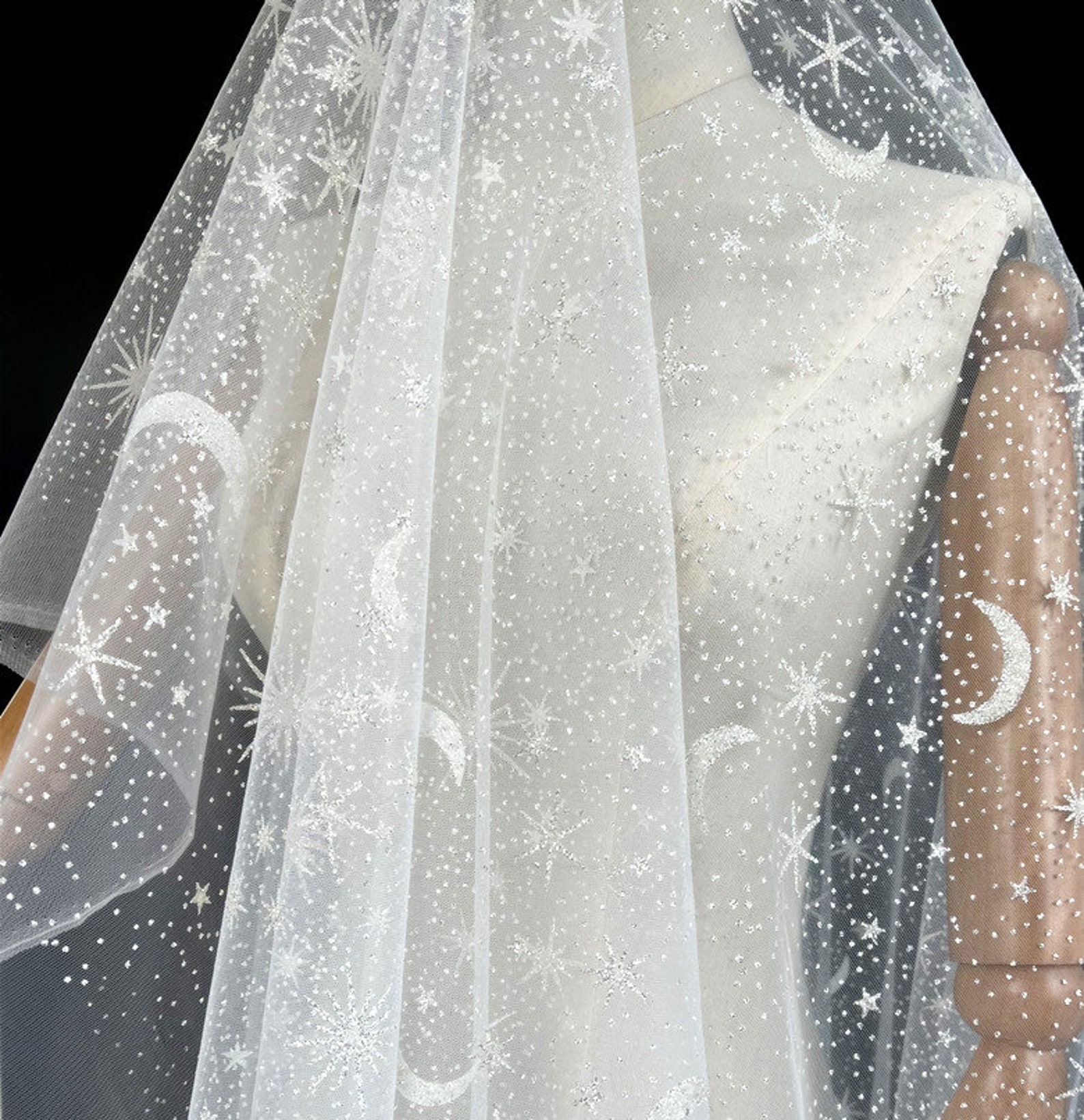 Glitter Beaded Star Lace Fabric Moon off White Mesh Tulle Fabric Bridal ...