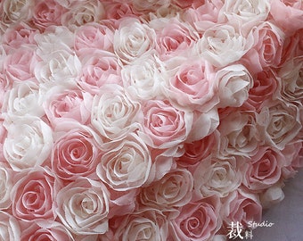 Gorgeous Pink White 3D Rose Chiffon Floral Embroidery Lace Fabric tulle wedding lace bridal lace dress fabric 51" width by yard high quality