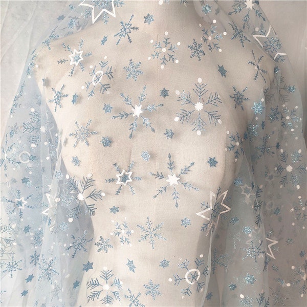 62" Wide Soft Tulle Fabric Pale Blue Snowflake Irregular Star Mesh Tulle Lace Fabric for DIY Doll Dress, Veil, Headband, Tutu Baby Dress