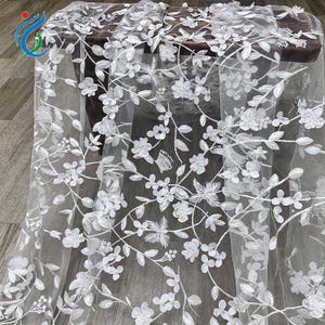 off white 3d flower leaf embroidered lace fabric beaded floral applique tulle fabric for banquet dress bridal veil wedding dress curtain