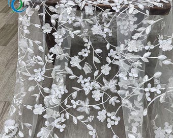 off white 3d flower leaf embroidered lace fabric beaded floral applique tulle fabric for banquet dress bridal veil wedding dress curtain