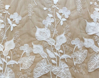 New off white lotus flower embroidered lace fabric floral ivory soft tulle fabric for banquet dress bridal veil wedding dress curtain 1 yard