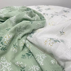 Tessuto di cotone floreale stampato, tessuto di pizzo bianco verde, tessuto ricamato, tessuto trapuntato, tessuto di design, tessuto tagliato su misura, tessuto di cotone