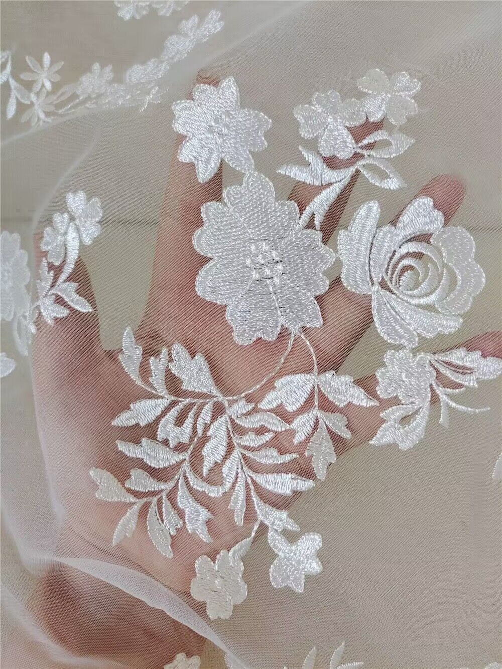 Illusion Flower Leaf Embroidered Lace Fabric off White Leaf Branch