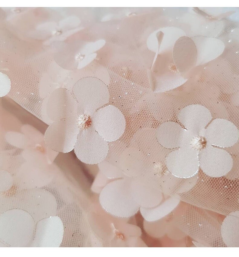 3D Pink Chiffon Floral Lace Fabric Flower Glitter Dot Soft Tulle Fabric ...