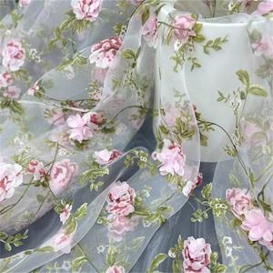 8 color 3D chiffon floral organza lace fabric exquiste pink flower embroidery organza fabric for girl dress,summer dress,doll dress,backdrop