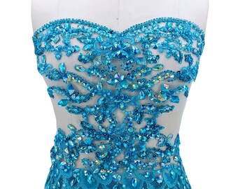 light blue rhinestone beaded applique with peacock&feather pattern embroidered lace wedding dress applique