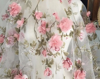 8 colors exquiste pink 3D flower chiffon lace fabric 3d floral organza fabric soft gauze fabric for flower dress,bridal dress,pageant gown