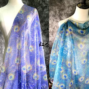 Tela de encaje de plumas de pavo real de 2 colores, tela de tul suave de pavo real azul y verde para vestido de niña, vestido de verano, vestido de muñeca, decoración de fondo