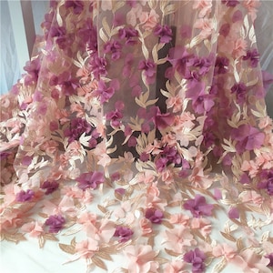 Beautiful chiffon 3d flower lace fabric wedding dress fabric by the yard, pink, purple color