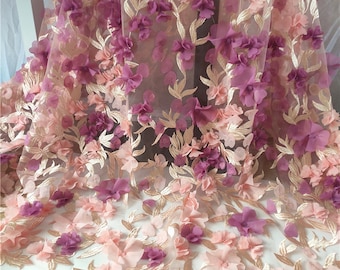Beautiful chiffon 3d flower lace fabric wedding dress fabric by the yard, pink, purple color