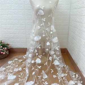 Lace Fabric White Rose Flower Embroidery White Tulle Fabric For Girl Dress By the Yard DIY Evening Dress Costume Handcrafts