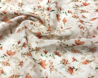 Tela de gasa con estampado floral de alta calidad, bordado con ojales dorados, encaje para vestidos de novia, 1 yarda