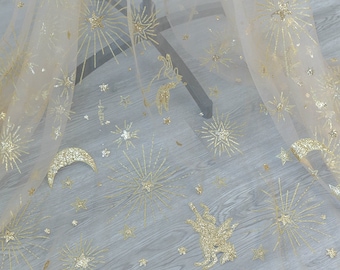 Gold Star Moon Horse Bronzing Floral Soft Tulle Lace Fabric Exquisite Bridal Wedding Headband 51" width 1 yard