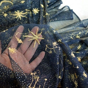 Star Moon Embroidery Mesh Lace Embroidery Gold Glitter Floral Soft Tulle Fabric for Girl Dress Bridal Gown 51 inches Width by 1 yard