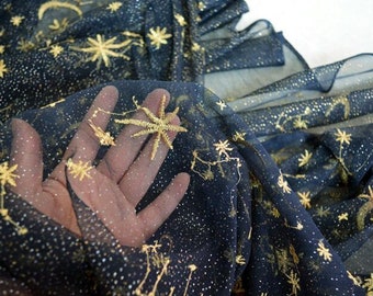 Star Moon Embroidery Mesh Lace Embroidery Gold Glitter Floral Soft Tulle Fabric for Girl Dress Bridal Gown 51 inches Width by 1 yard