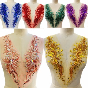 Hot Sale Rhinestone Applique Heavy Beads Motif Lace Patch sewing on Bridal Wedding Ball Dress Gown