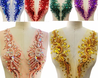 Hot Sale Rhinestone Applique Heavy Beads Motif Lace Patch sewing on Bridal Wedding Ball Dress Gown