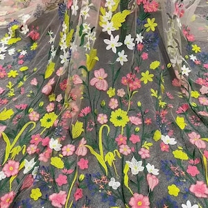 Flower Embroidery Polyester Lace Embroidery Colorful Floral Soft Tulle Fabric for Craft Projects Dress Train 51 inches Width by 1 yard