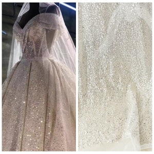 Heavy Beaded Lace Fabric Transparent Mesh with Sparkling Sequin DIY Wedding Bridal Evening Dress 1 Yard