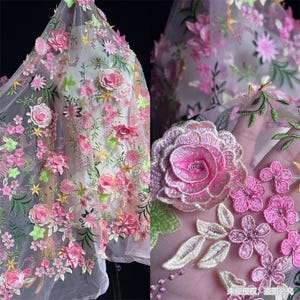 Exquiste colorful floral lace fabric 3d flower embroidery soft tulle fabric for girl dress,summer dress,doll dress,backdrop decor