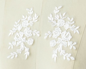 Off White Lace Applique Embroidery Motif Trims Sewing Patches For Bridal Wedding Gown 1 Pair