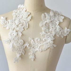 1 Pair Floral Beaded Lace Appliques Embroidered Lace Appliques Cord Lace Appliques Wedding Dress Patch Bridal Headpiece