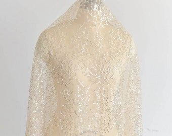 1 Yard Light Champagne Pailletten Gestickter Spitzenstoff für Mädchenkleid, Hochzeitskleid, Puppenkleid