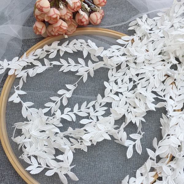 3 yards Ivory Leaf Lace Trim Leaf Floral Embroidery Alencon Lace Trim For Wedding Headband, Bridal Veil