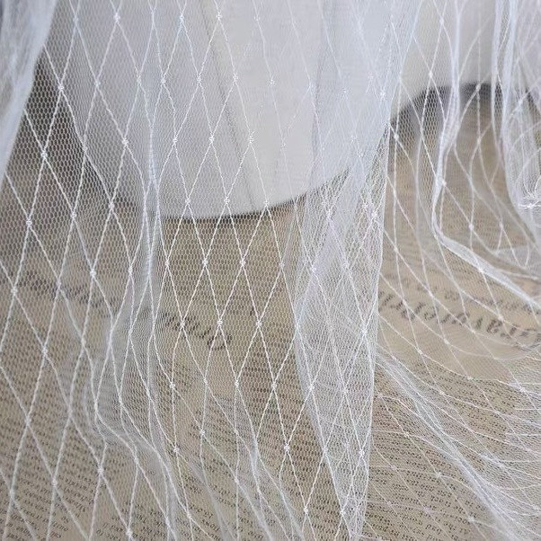 DIAMOND WHITE DAMASK LACE EMBROIDERY ON A TEXTURE MESH-BY YARD.