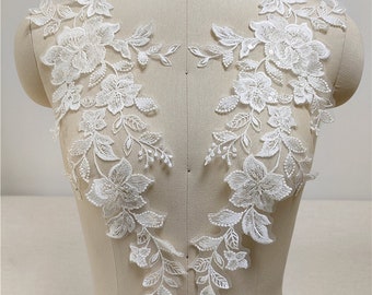 1 pair ivory beaded flower leaf embroidery lace applique floral sequins applique for girl dress,wedding dress, bridal veil, sewing craft