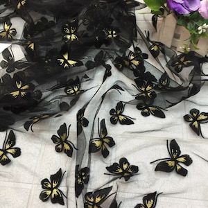 Black flocking butterfly lace fabric, black and gold butterfly on black tulle fabric, lace dress or curtains fabric