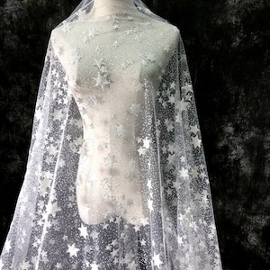 beaded star lace fabric glitter star dot white tulle mesh Fabric wedding lace bridal dress fabric gowns fabric 1 yard 51&quot; width
