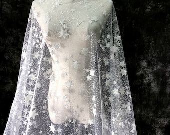 beaded star lace fabric glitter star dot white tulle mesh Fabric wedding lace bridal dress fabric gowns fabric 1 yard 51" width