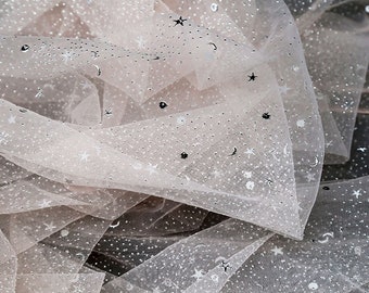 3 Colors silver star moon lace fabric star moon dot pink blue white tulle fabric for girl dress, summer dress,home decor