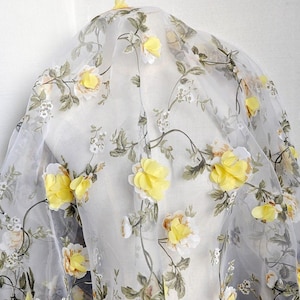 3D Yellow chiffon flower print floral organza fabric wedding lace bridal dress fabric 51" width by the yard